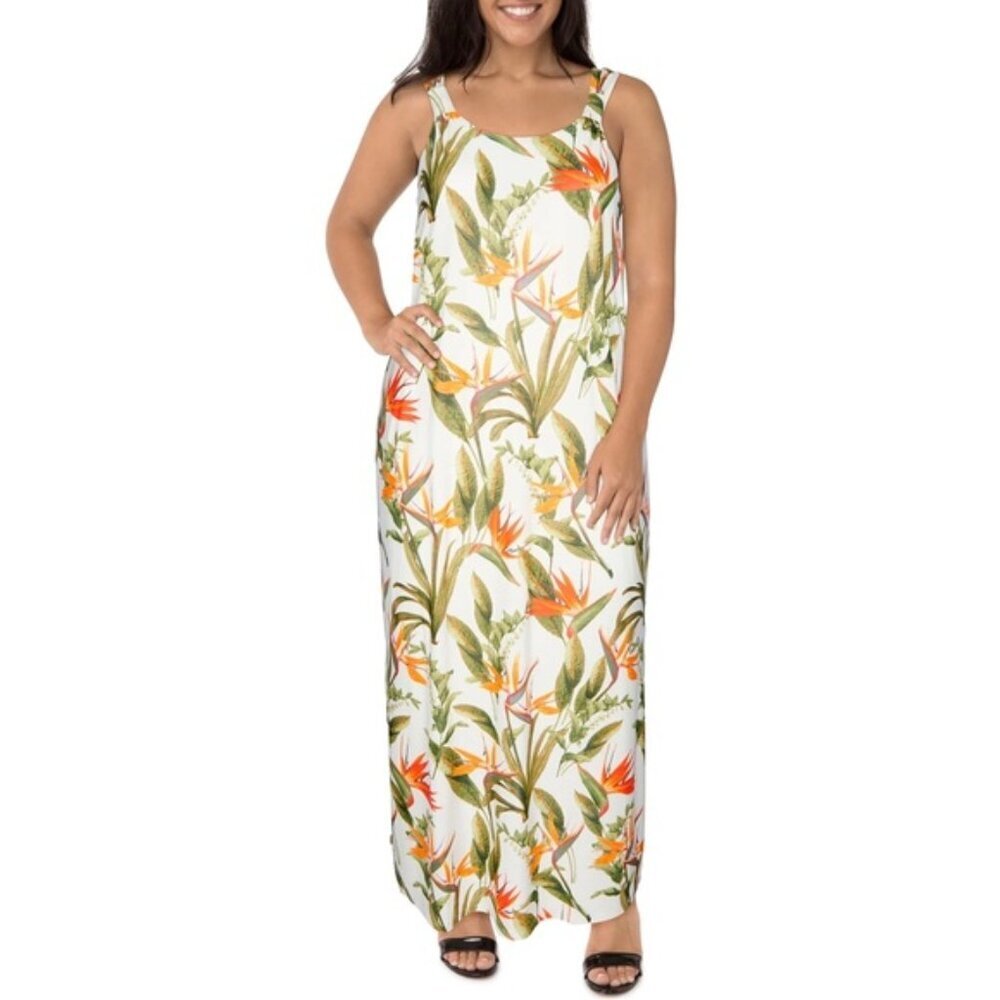 2Dye4 Tropical Floral Maxi Dress – White with Orange & Green Print – Women’s - M